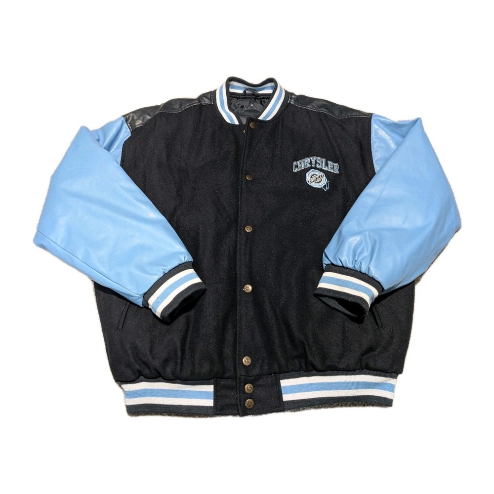 Chrysler Men's Wool Blend Faux Leather Varsity Bomber Jacket Blue/Black Size L